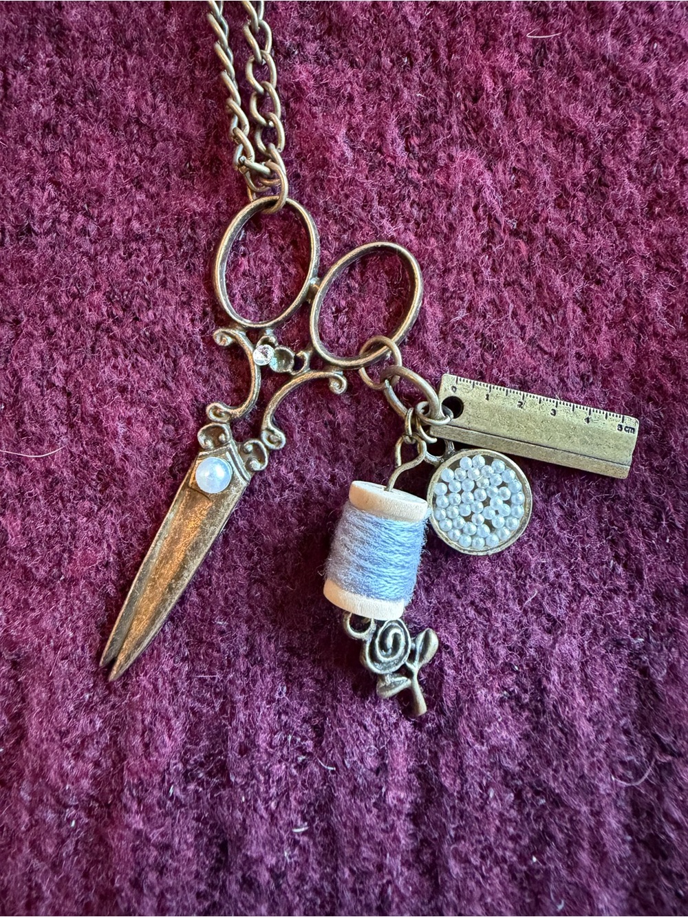Sewing Scissors Charm Necklace with Thread and Ruler Charms - Antique Bronze